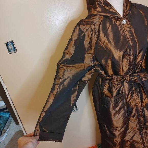 Newsport News Size 12 Bronze Shiny Long Acetate Nylon Coat Button Vintage Brown - Picture 12 of 16